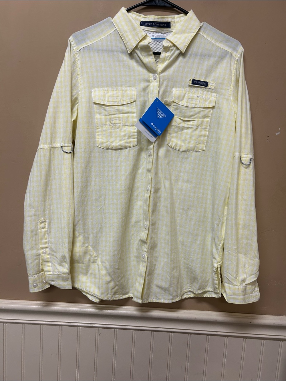 Columbia PFG Super Bonehead Yellow Gingham Fishing Shirt Long Sleeve Size S NWT